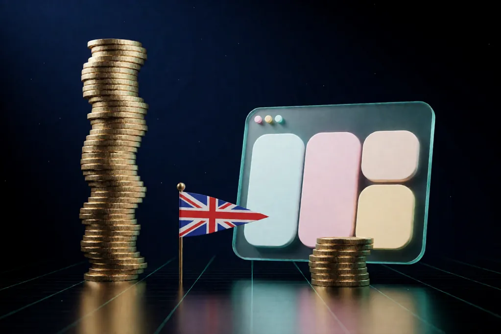 3D illustration of a very tall stack of gold coins beside a short stack next to a glass website window, with a small Union Jack pennant between them