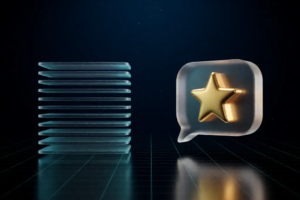 3D illustration of a dim stack of glass slabs like a list of search results, facing one glowing glass speech bubble with a golden star