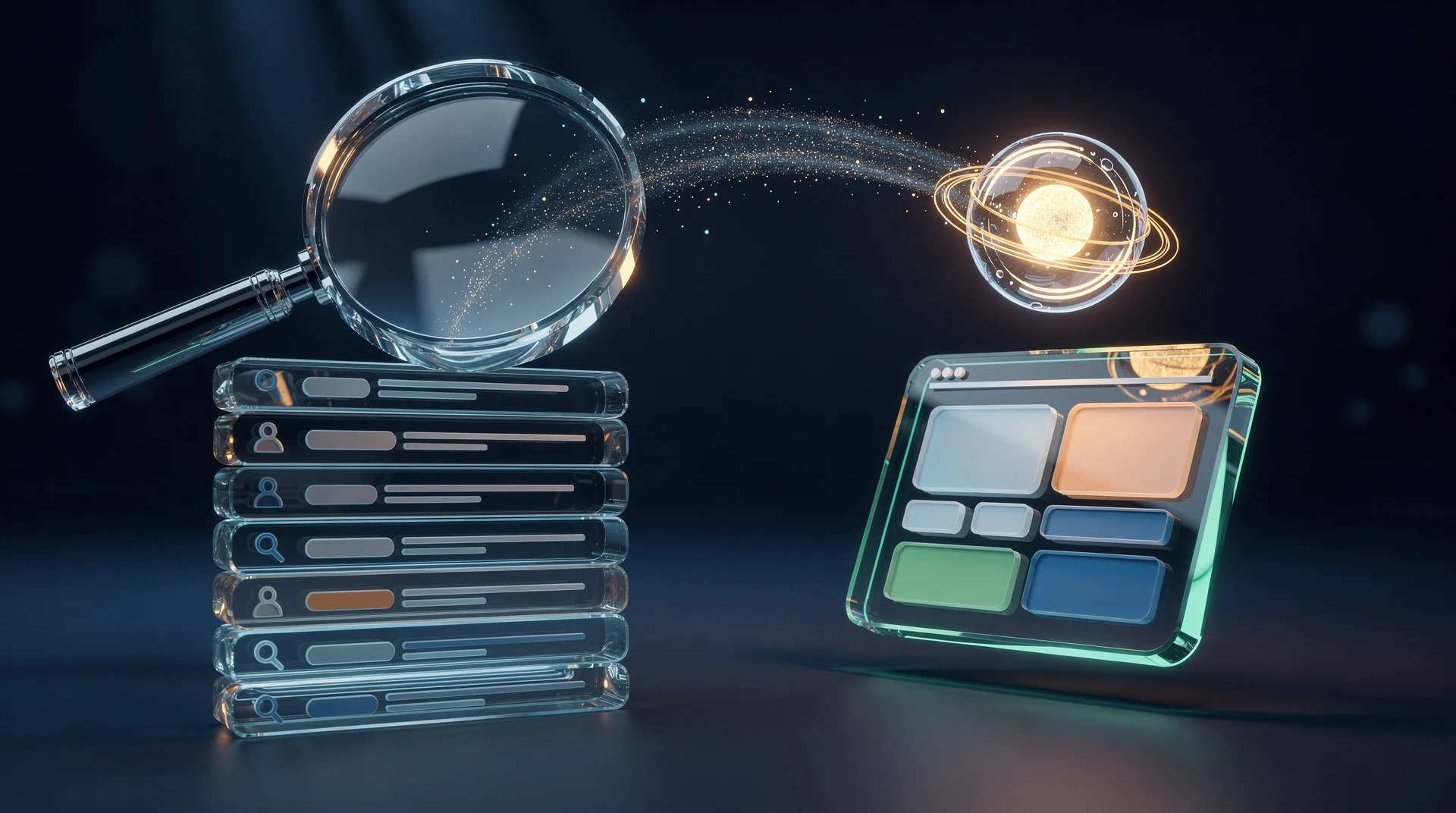 3D illustration of classic search results under a magnifying glass connected by a beam of light to an AI assistant citing a website