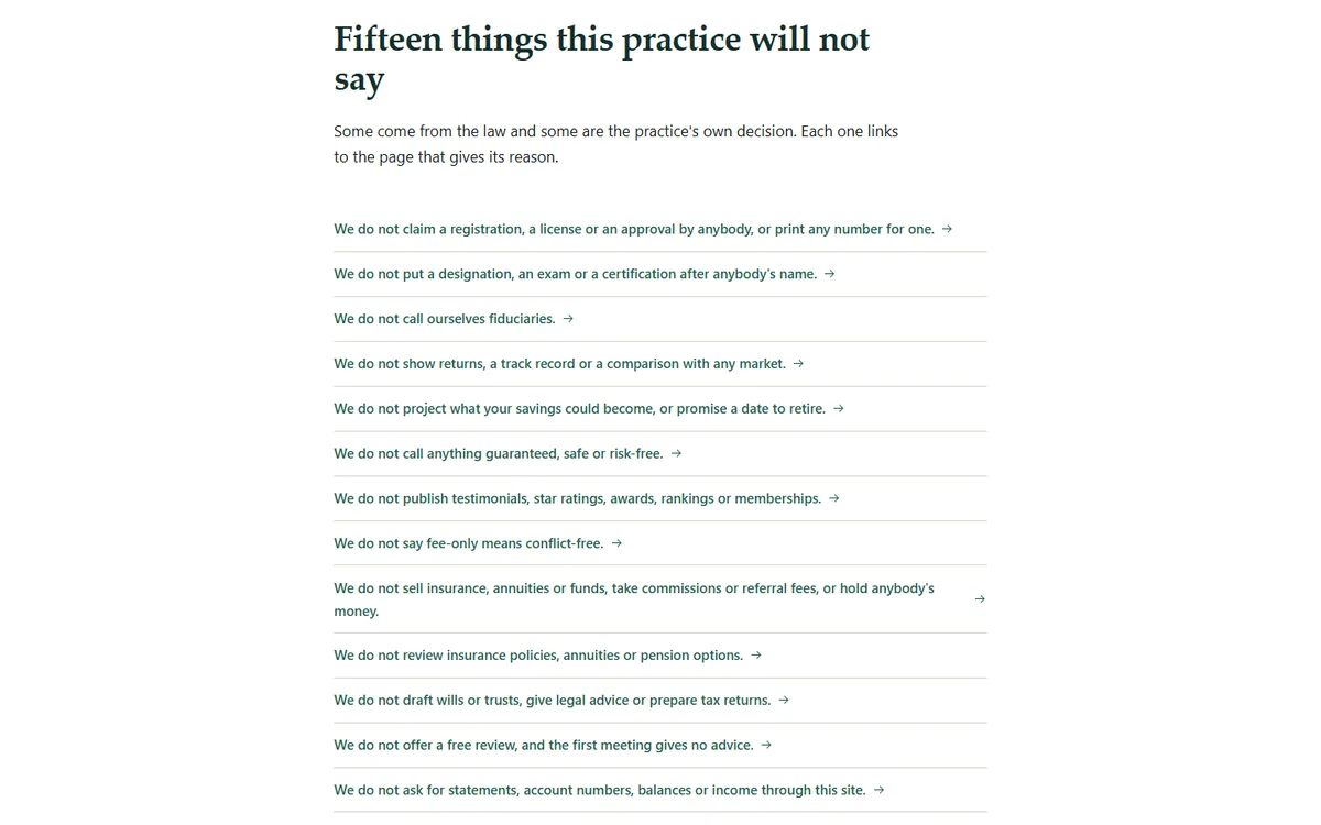 What the practice will not claim, each with the reason behind it of the fee-only financial planning demo website, Woodside Keelwick Planning, LLC
