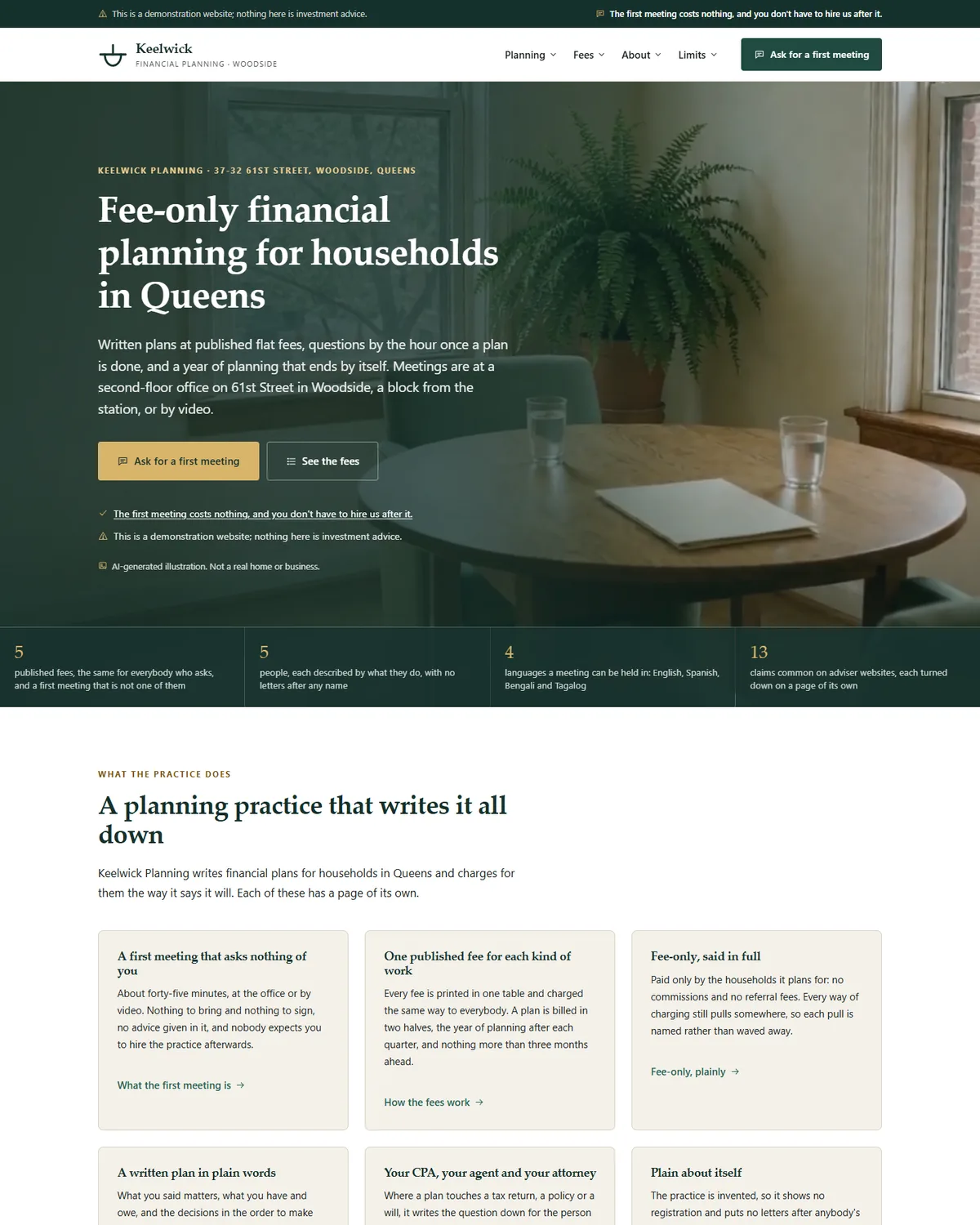 Home page of the fee-only financial planning demo website, Woodside Keelwick Planning, LLC
