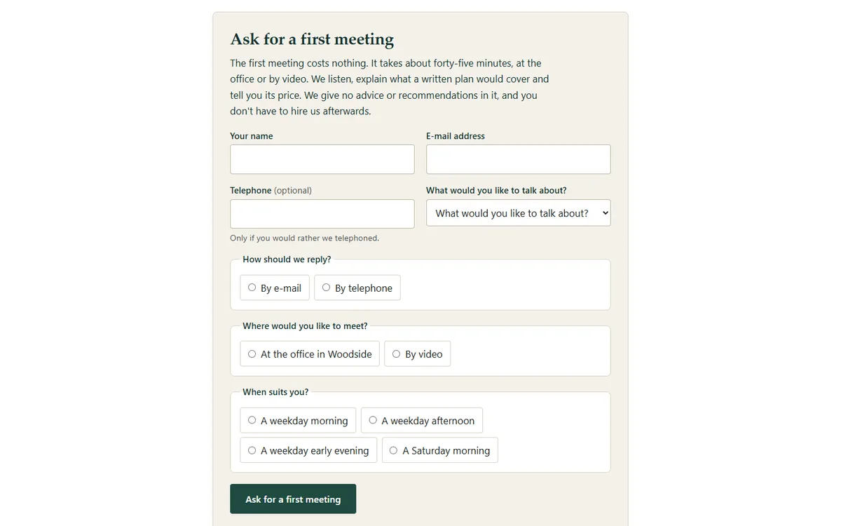 The first-meeting enquiry: a name, a way to reply, a topic and a time, and nothing about money of the fee-only financial planning demo website, Woodside Keelwick Planning, LLC