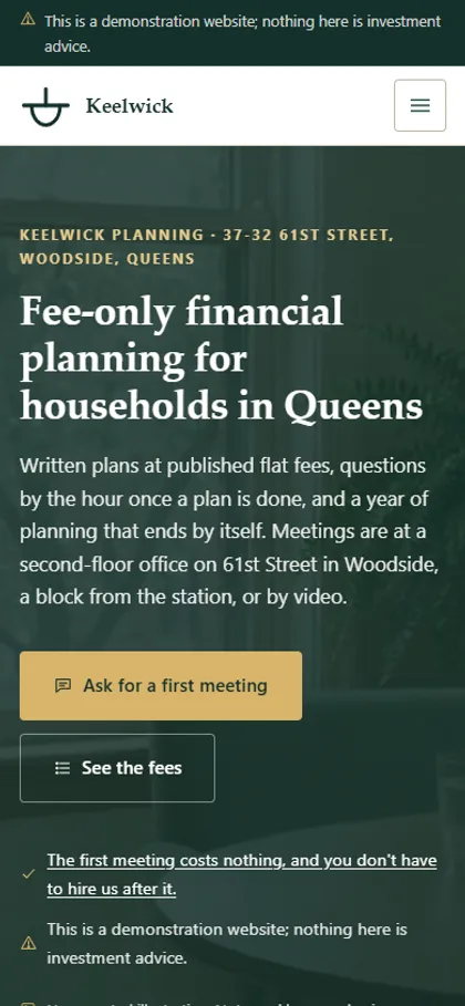 The fee-only financial planning demo website on a phone screen
