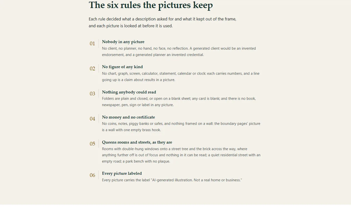 How every picture was made, and why nobody appears in any of them of the fee-only financial planning demo website, Woodside Keelwick Planning, LLC
