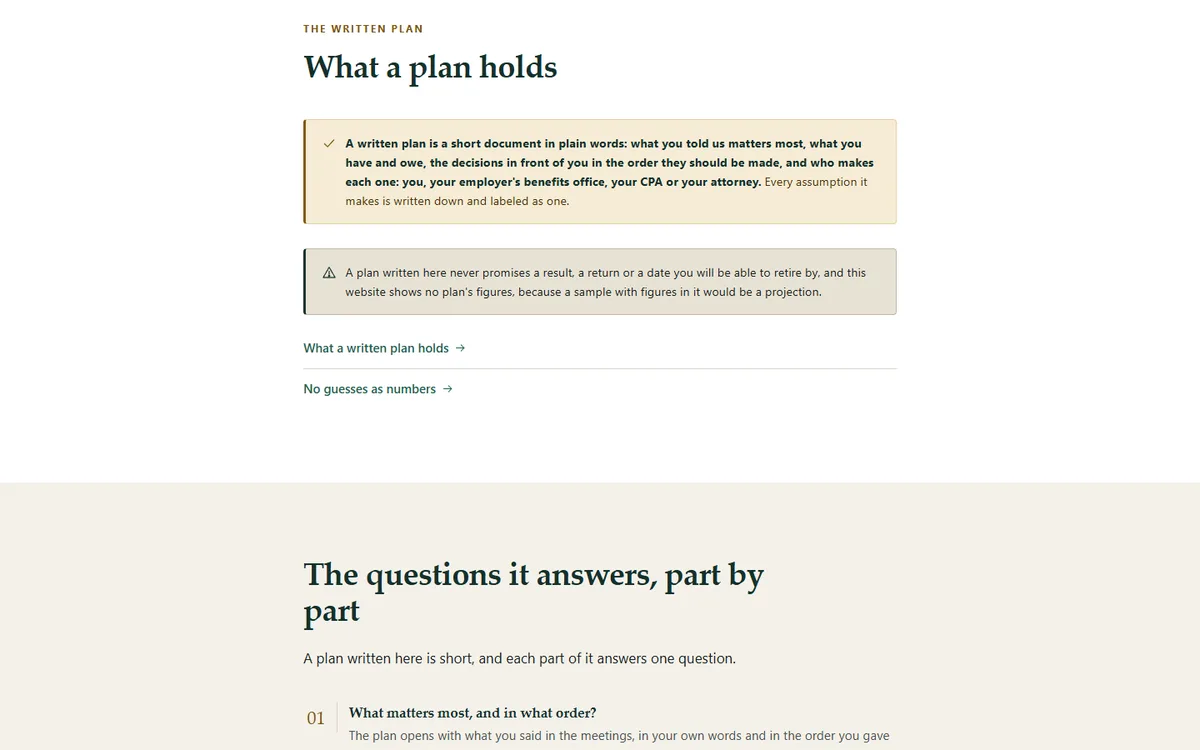 What a written plan holds, step by step of the fee-only financial planning demo website, Woodside Keelwick Planning, LLC