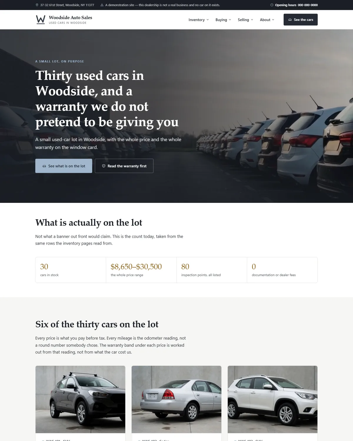 Home page of the independent used-car dealership demo website, Woodside Auto Sales, LLC