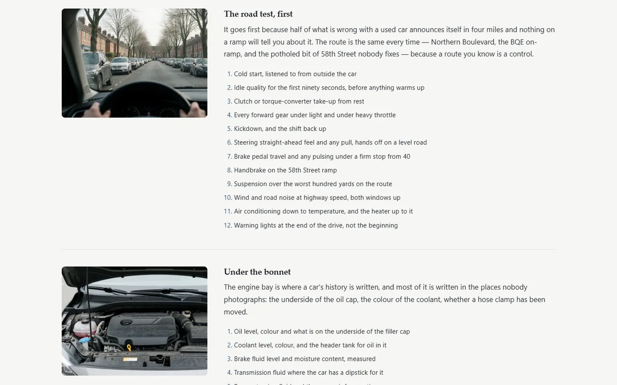 Eighty inspection points, listed by name of the independent used-car dealership demo website, Woodside Auto Sales, LLC