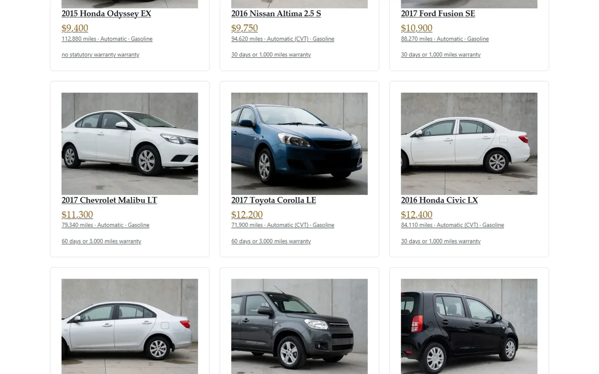 The inventory: filter by body, price, year, mileage, gearbox and drive of the independent used-car dealership demo website, Woodside Auto Sales, LLC
