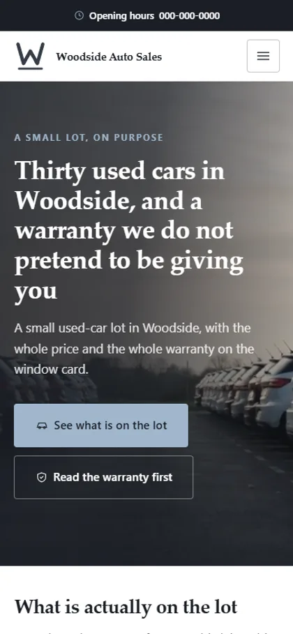The independent used-car dealership demo website on a phone screen