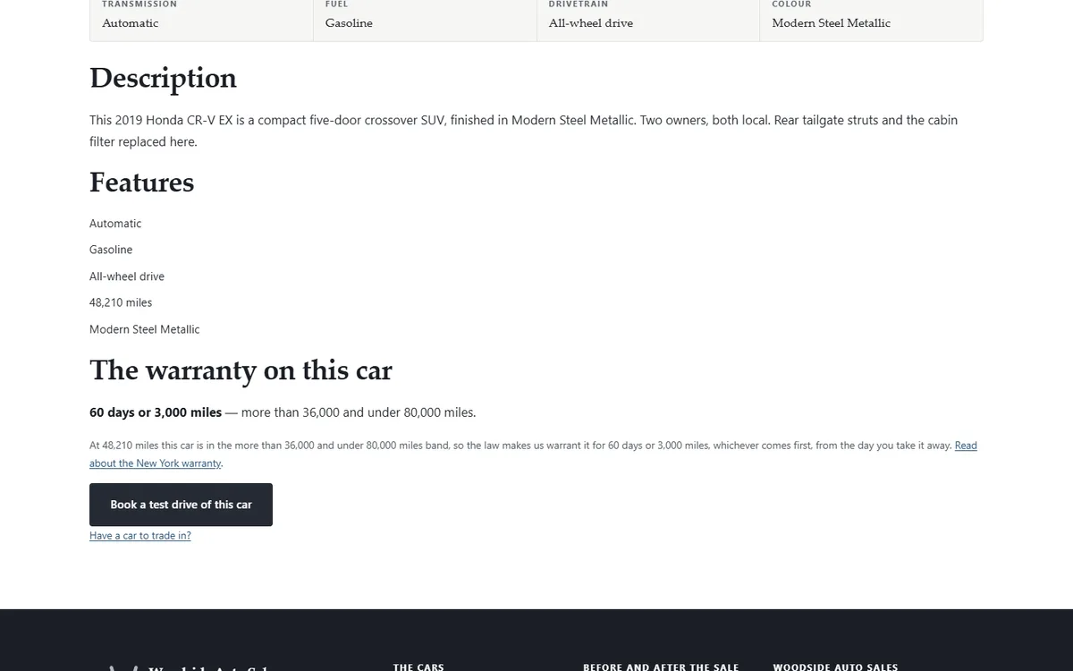 Every listing prints the warranty band its own odometer puts it in of the independent used-car dealership demo website, Woodside Auto Sales, LLC