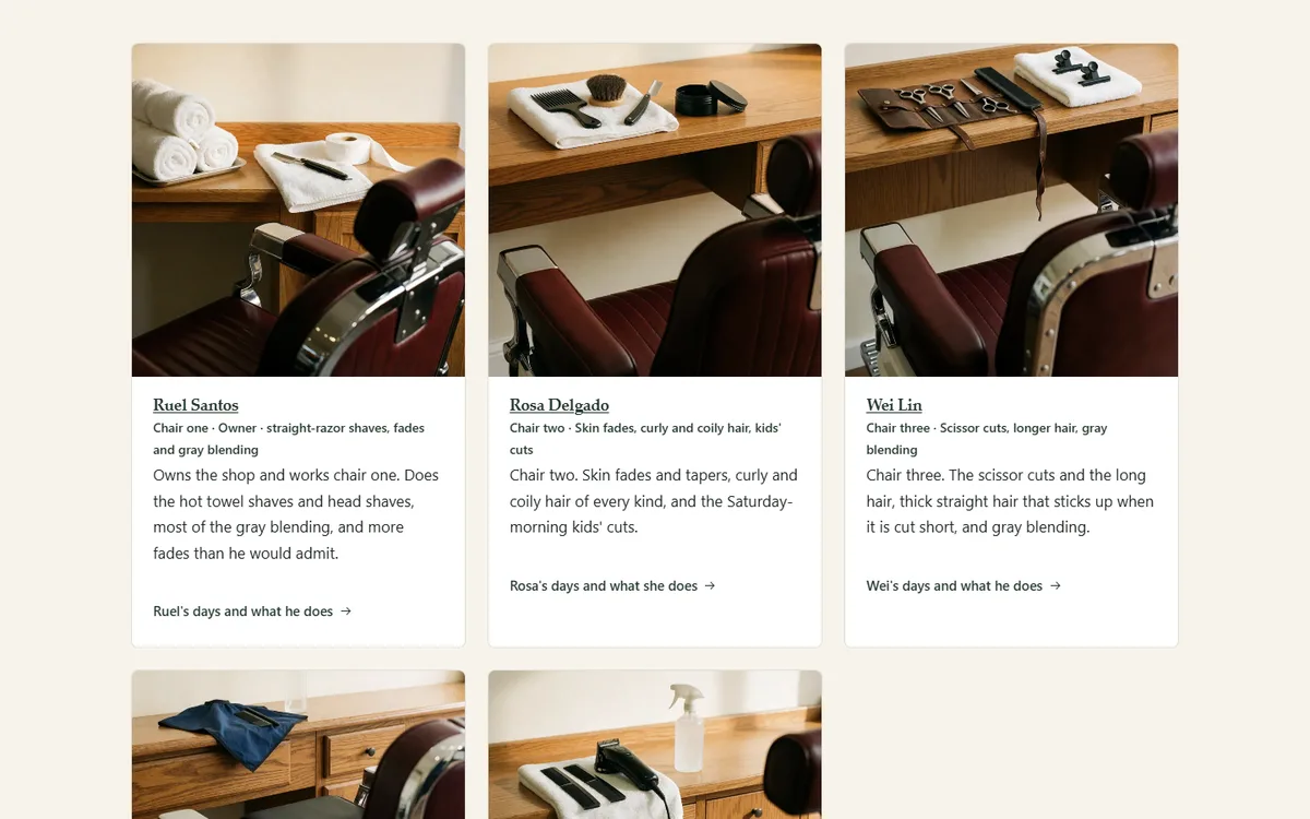 Five barbers, one chair each, and what each one does of the barbershop demo website, Woodside Barber Co., LLC