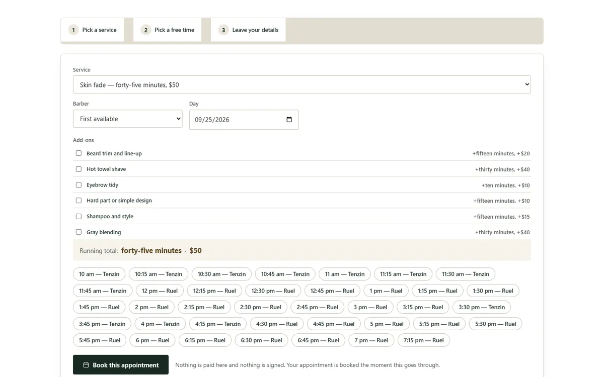 A skin fade picked: every add-on with its minutes and price, the running total, and only the times the walk-in rule allows of the barbershop demo website, Woodside Barber Co., LLC