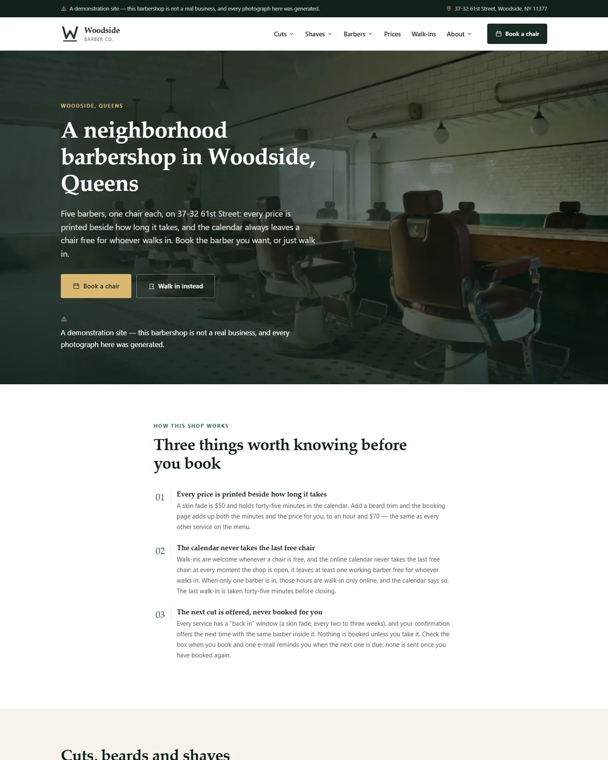 Home page of the barbershop demo website, Woodside Barber Co., LLC