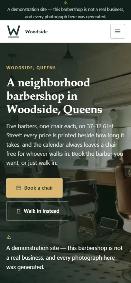 The barbershop demo website on a phone screen