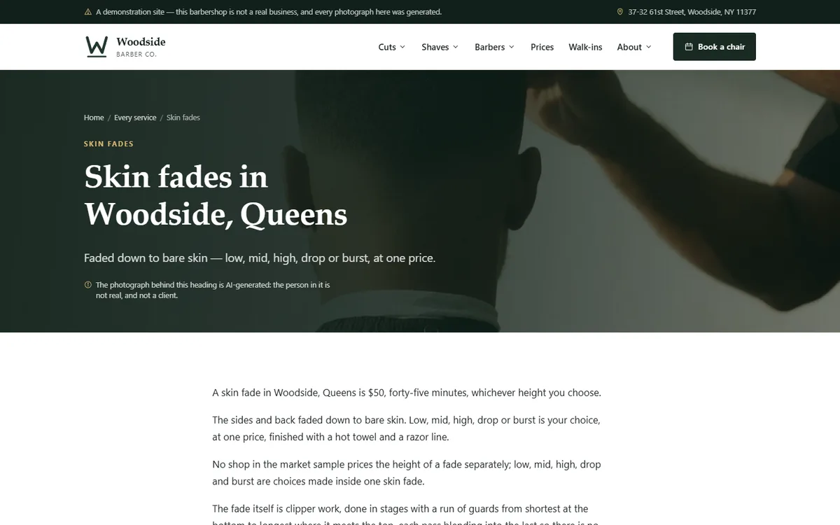 A service page: a skin fade, its price and its length of the barbershop demo website, Woodside Barber Co., LLC