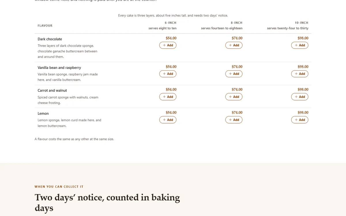 Four flavours, three sizes, one price each of the bakery and café demo website, Woodside Bakehouse & Café, LLC