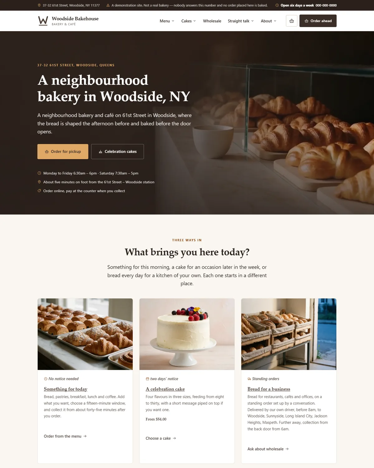 Home page of the bakery and café demo website, Woodside Bakehouse & Café, LLC