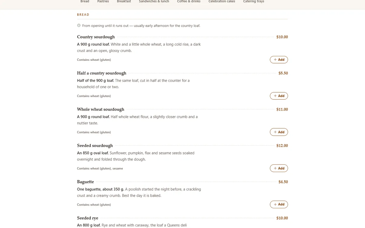 The menu, every line priced and orderable of the bakery and café demo website, Woodside Bakehouse & Café, LLC