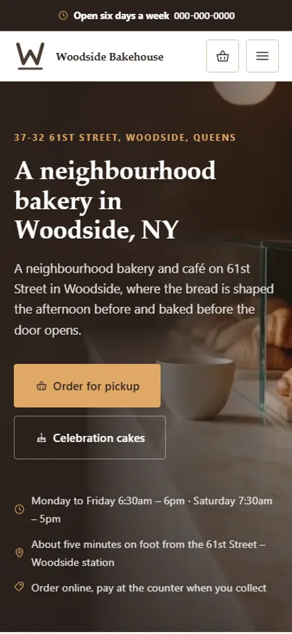 The bakery and café demo website on a phone screen