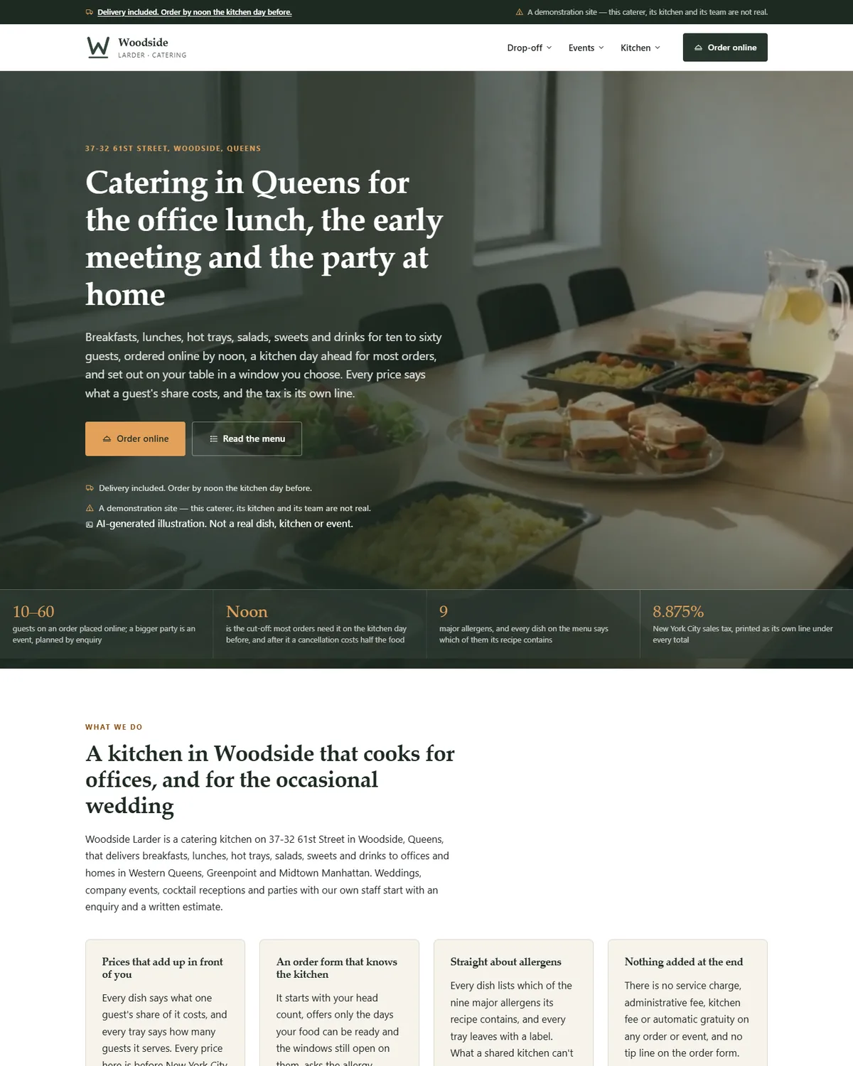 Home page of the caterer demo website, Woodside Larder Catering, LLC