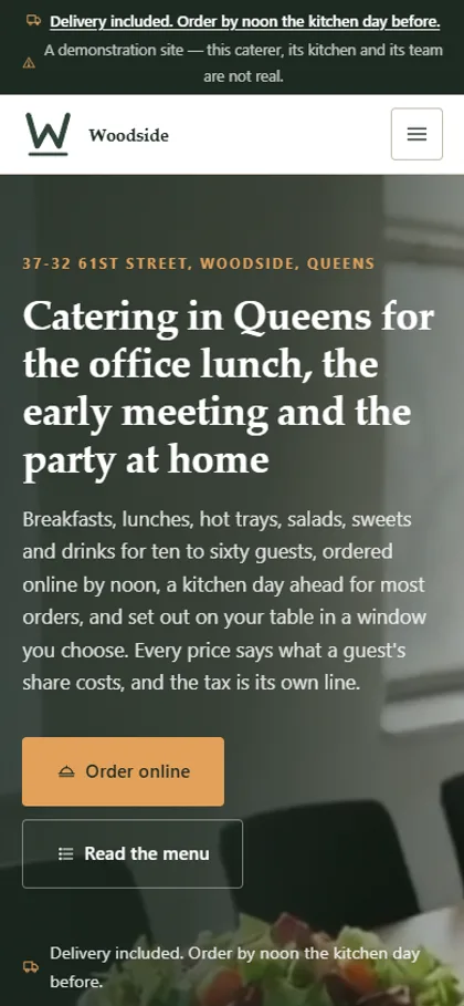 The caterer demo website on a phone screen