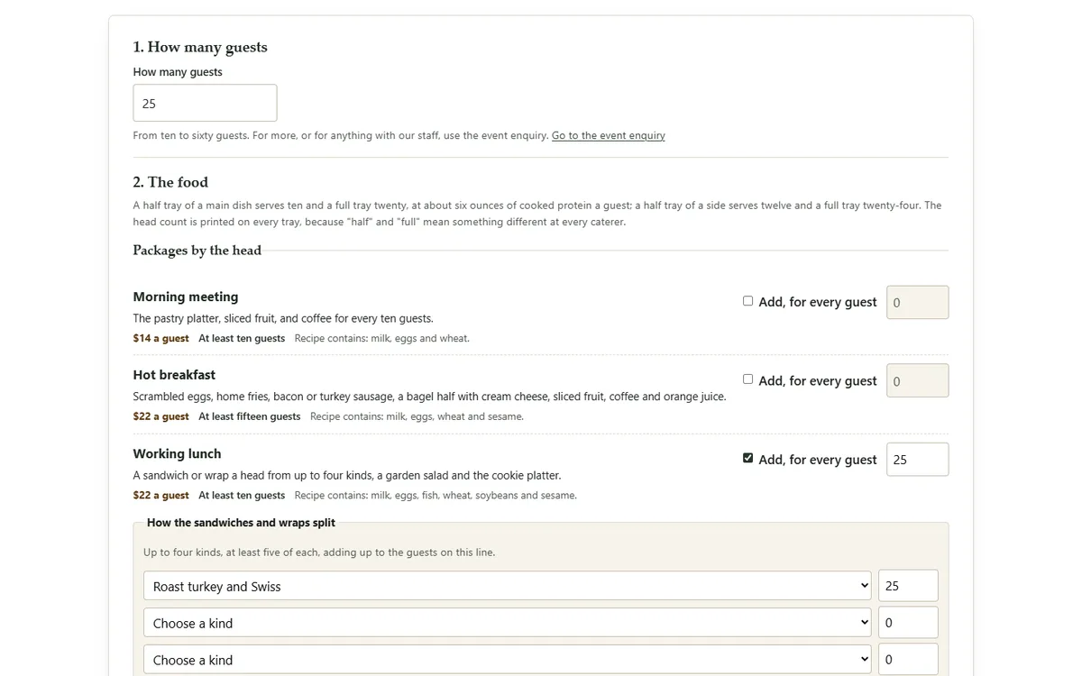An order for twenty-five: the package chosen, and the food, the tax and the total as it is built of the caterer demo website, Woodside Larder Catering, LLC