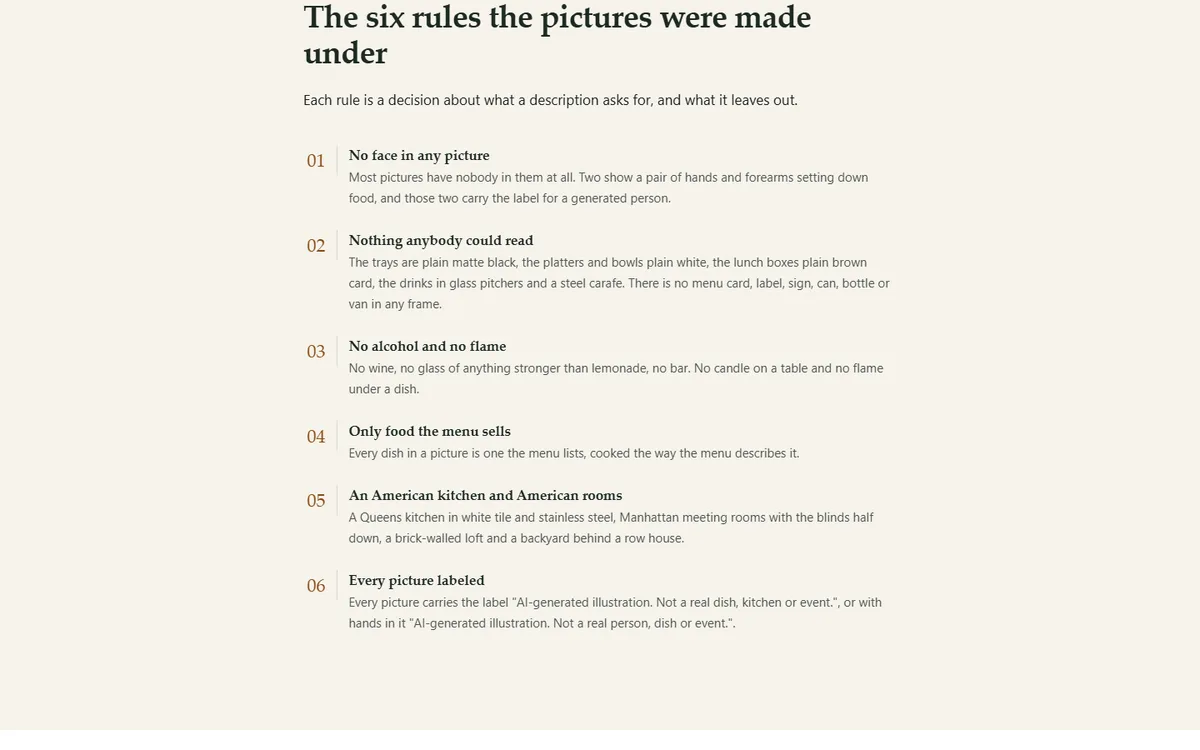 How every picture was made, and the rules it follows of the caterer demo website, Woodside Larder Catering, LLC