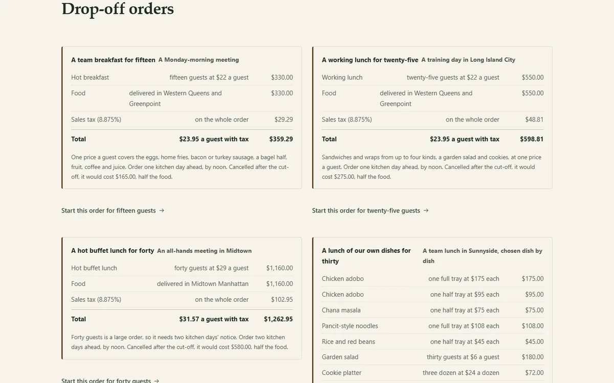 Sample orders worked out to the cent, each with its sales tax line of the caterer demo website, Woodside Larder Catering, LLC