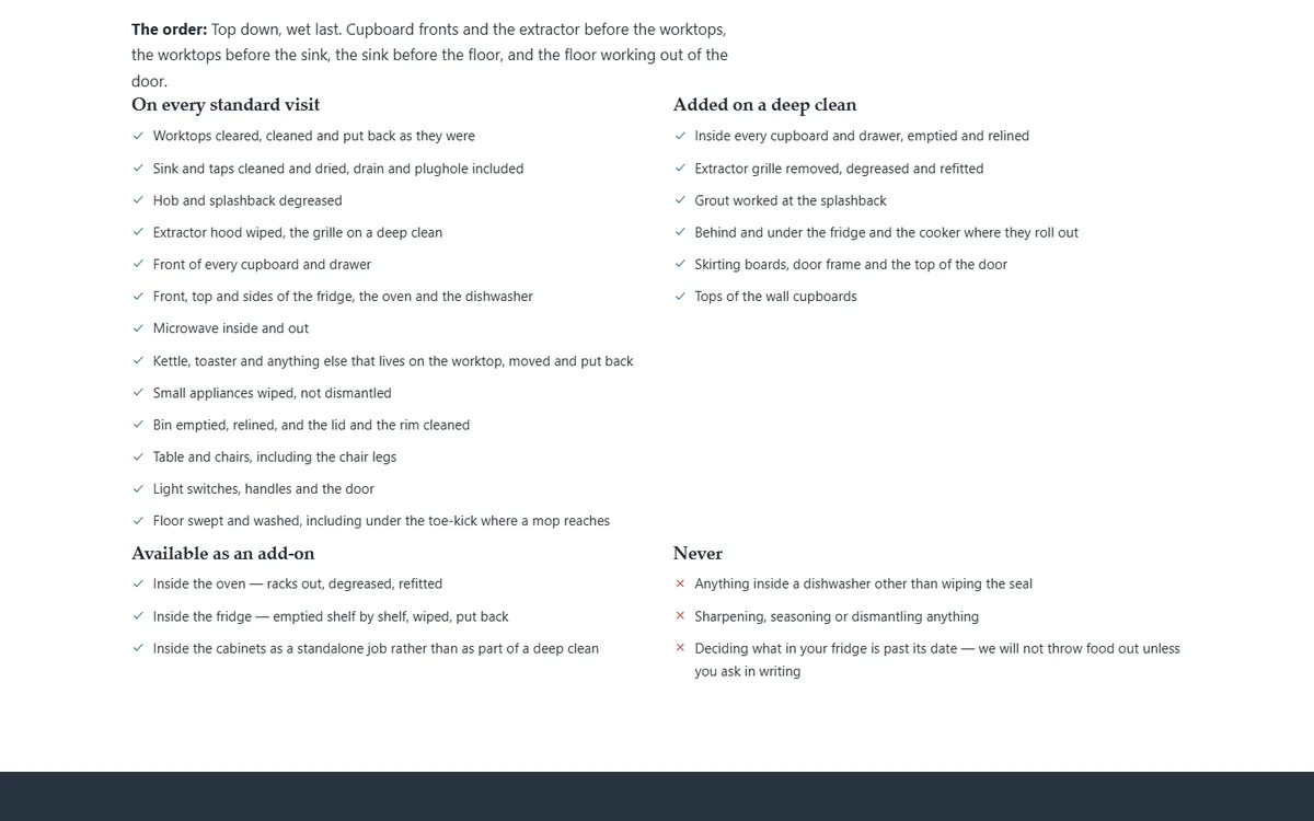 The kitchen checklist: the order, every point, and what is never done of the house and office cleaning demo website, Woodside Cleaning Co., LLC