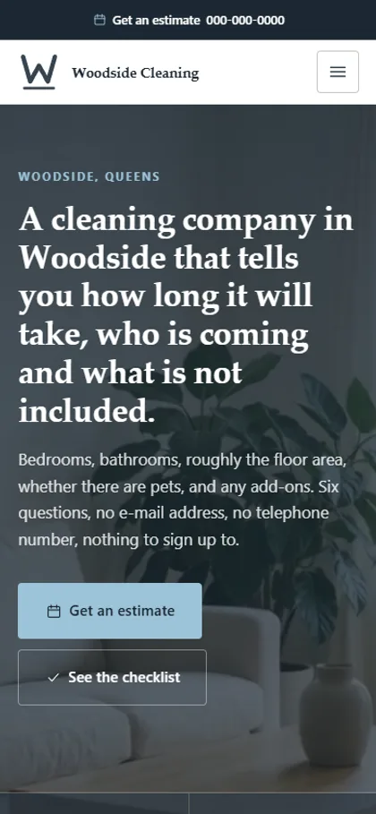 The house and office cleaning demo website on a phone screen