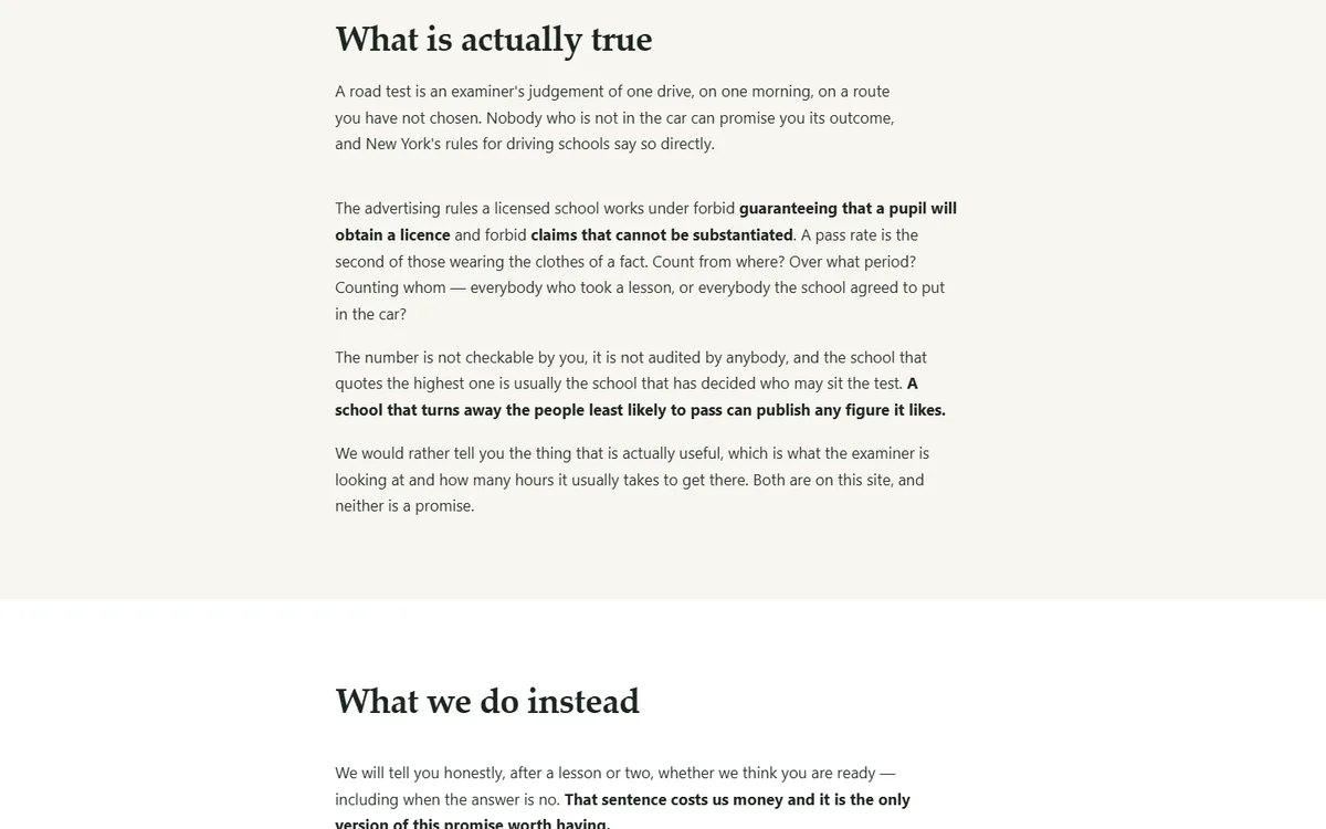 Ten pages quoting what the trade advertises, and answering it of the driving school demo website, Woodside Driving School, LLC