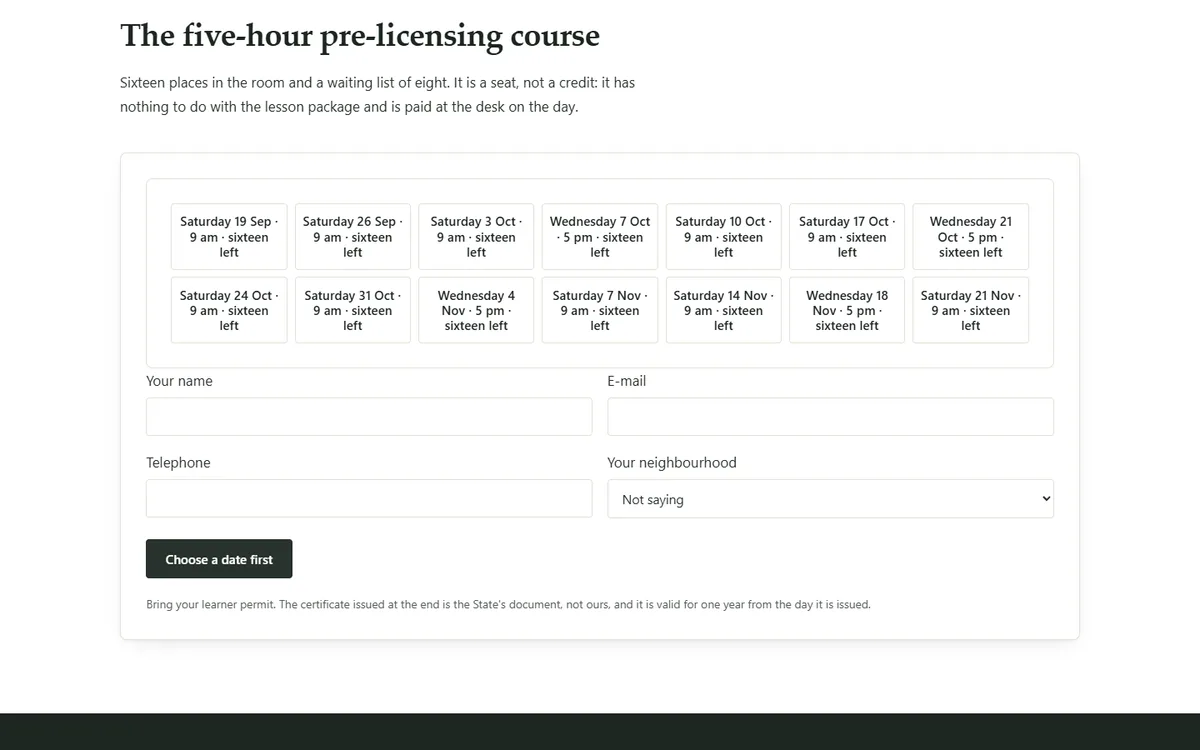 The classroom course: live dates, places left, and a waiting list behind them of the driving school demo website, Woodside Driving School, LLC