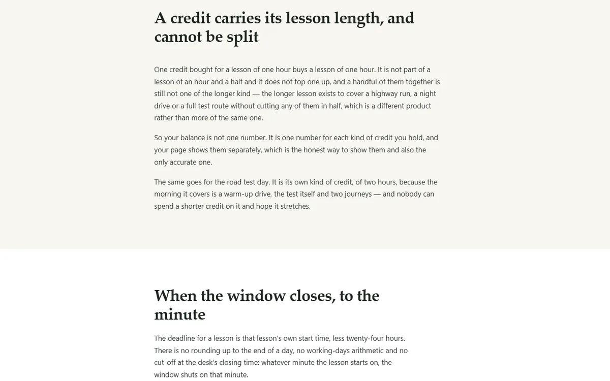 How a credit works, including the parts that do not favour the school of the driving school demo website, Woodside Driving School, LLC