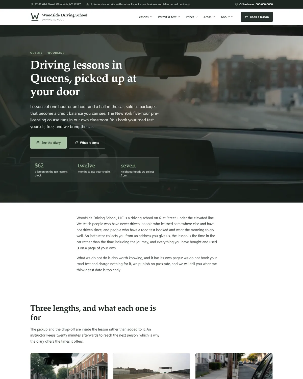 Home page of the driving school demo website, Woodside Driving School, LLC