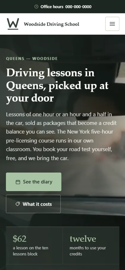 The driving school demo website on a phone screen