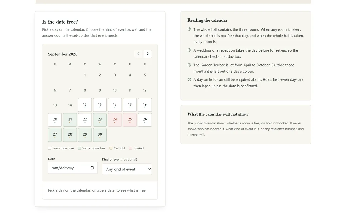 The calendar: free, some rooms free, on hold, booked of the wedding and event venue demo website, The Woodside Hall, LLC