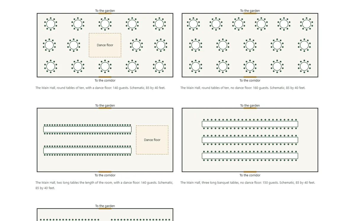 Floor plans drawn from the capacity table of the wedding and event venue demo website, The Woodside Hall, LLC
