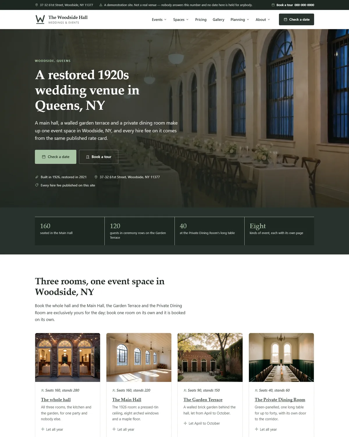 Home page of the wedding and event venue demo website, The Woodside Hall, LLC