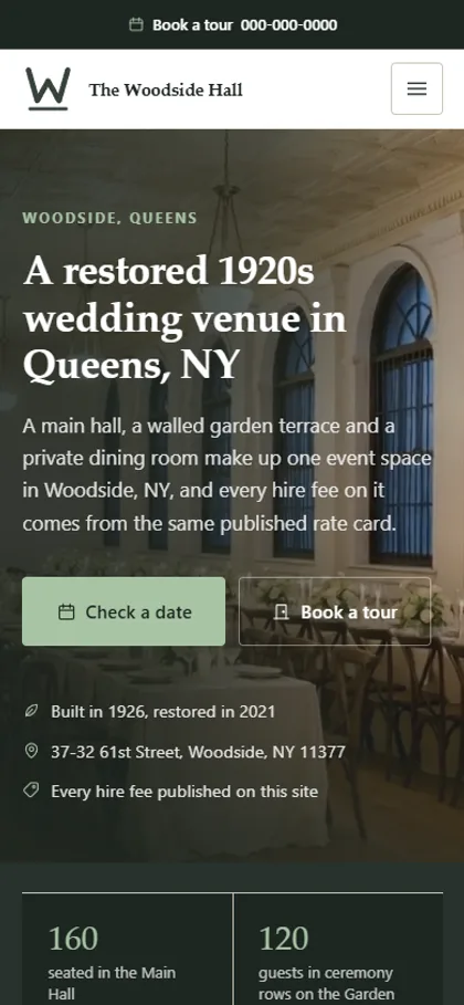The wedding and event venue demo website on a phone screen