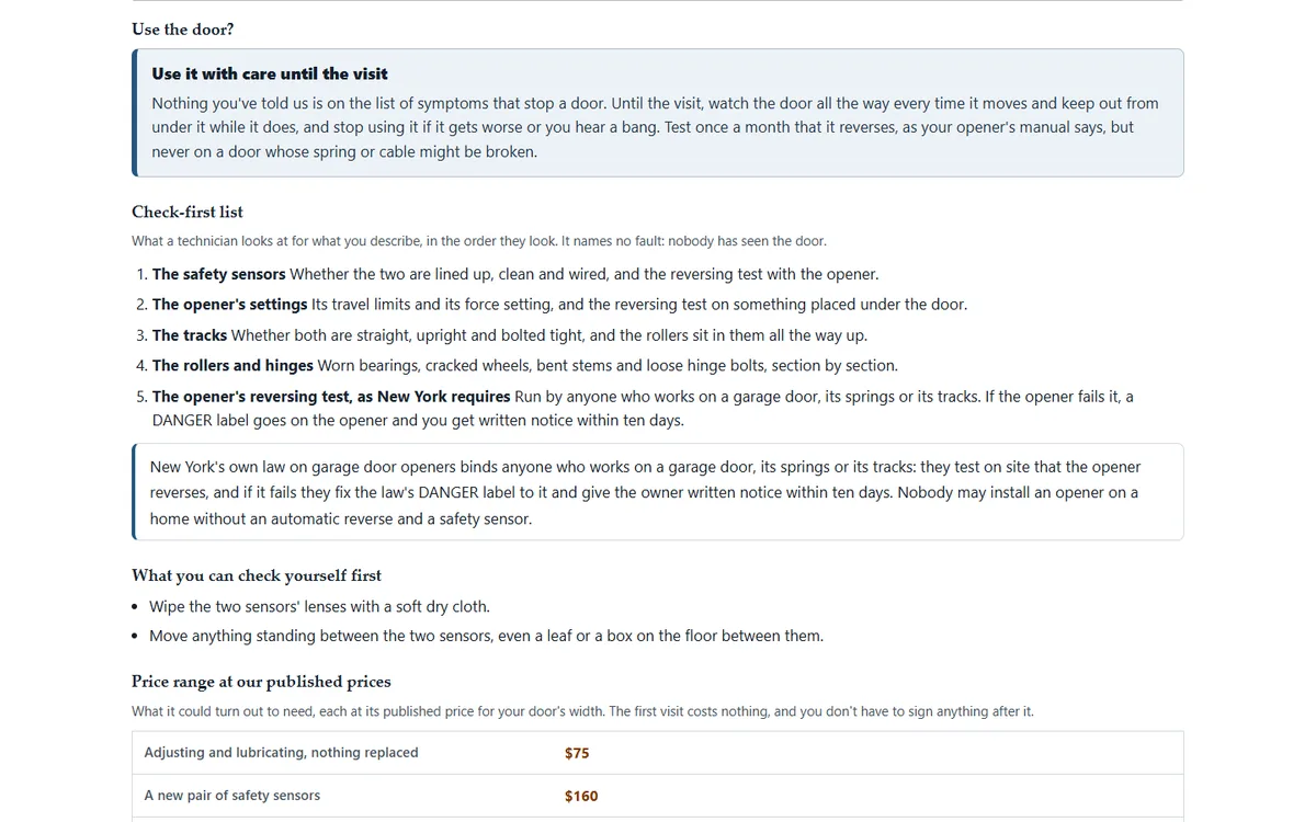 The symptom check's result: the check-first list, whether to stop using the door, and the range at the published prices of the garage door repair and installation demo website, Woodside Railwick Garage Doors, LLC