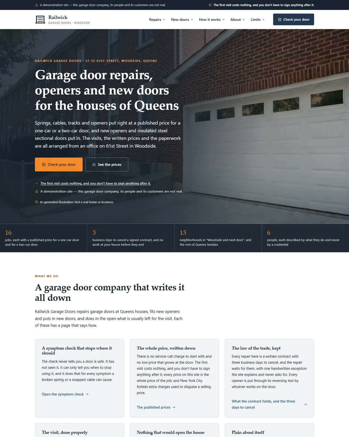 Home page of the garage door repair and installation demo website, Woodside Railwick Garage Doors, LLC