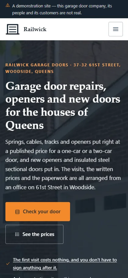 The garage door repair and installation demo website on a phone screen