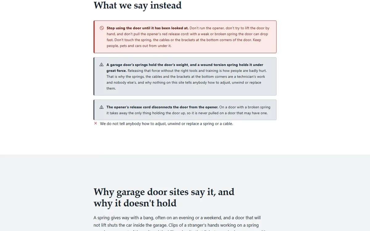 Leave the spring alone: why the site gives no steps for a spring or a cable of the garage door repair and installation demo website, Woodside Railwick Garage Doors, LLC