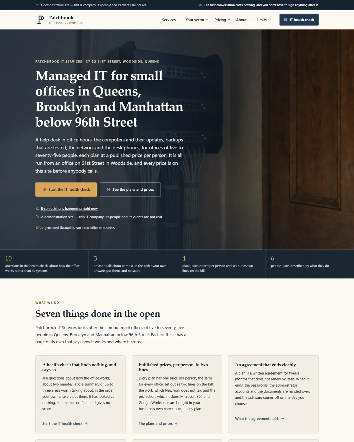 Home page of the managed it for small offices demo website, Woodside Patchbrook IT Services, LLC