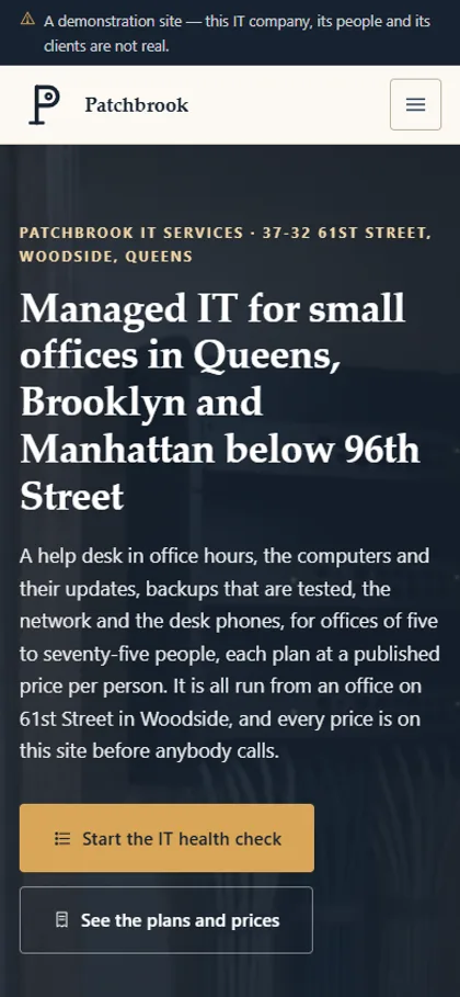The managed it for small offices demo website on a phone screen