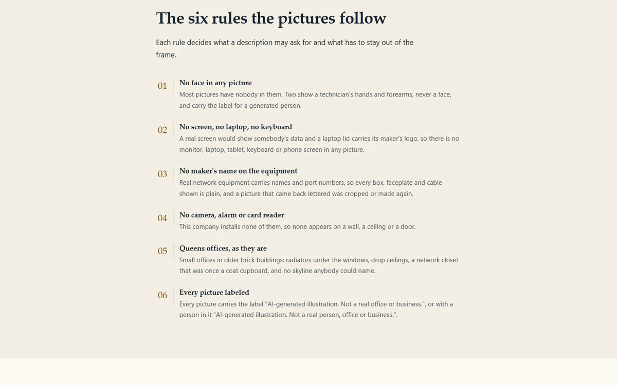 How every picture was made, and why no screen or maker's name appears in any of them of the managed it for small offices demo website, Woodside Patchbrook IT Services, LLC