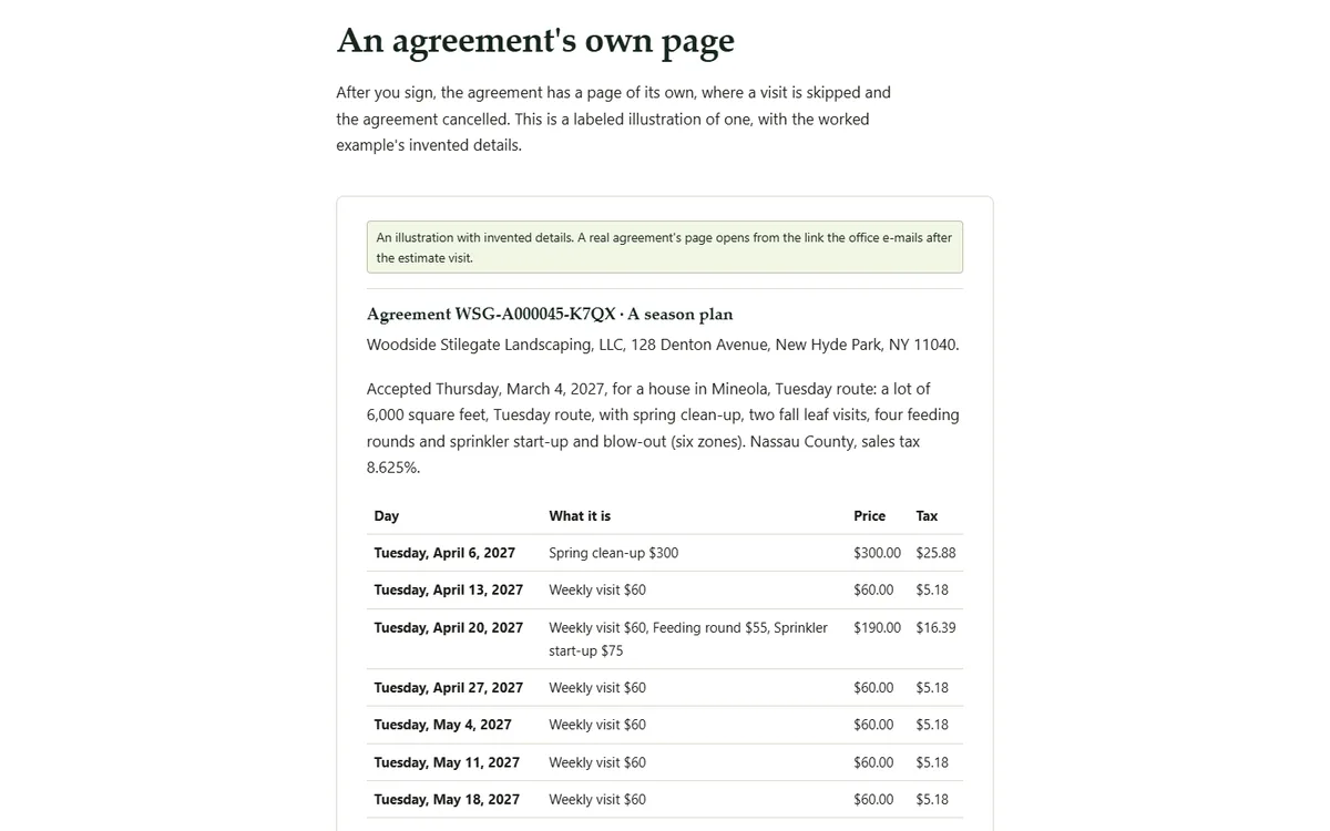 A season plan with every visit dated, priced and taxed, and the three days to cancel of the landscaping and lawn care company demo website, Woodside Stilegate Landscaping, LLC
