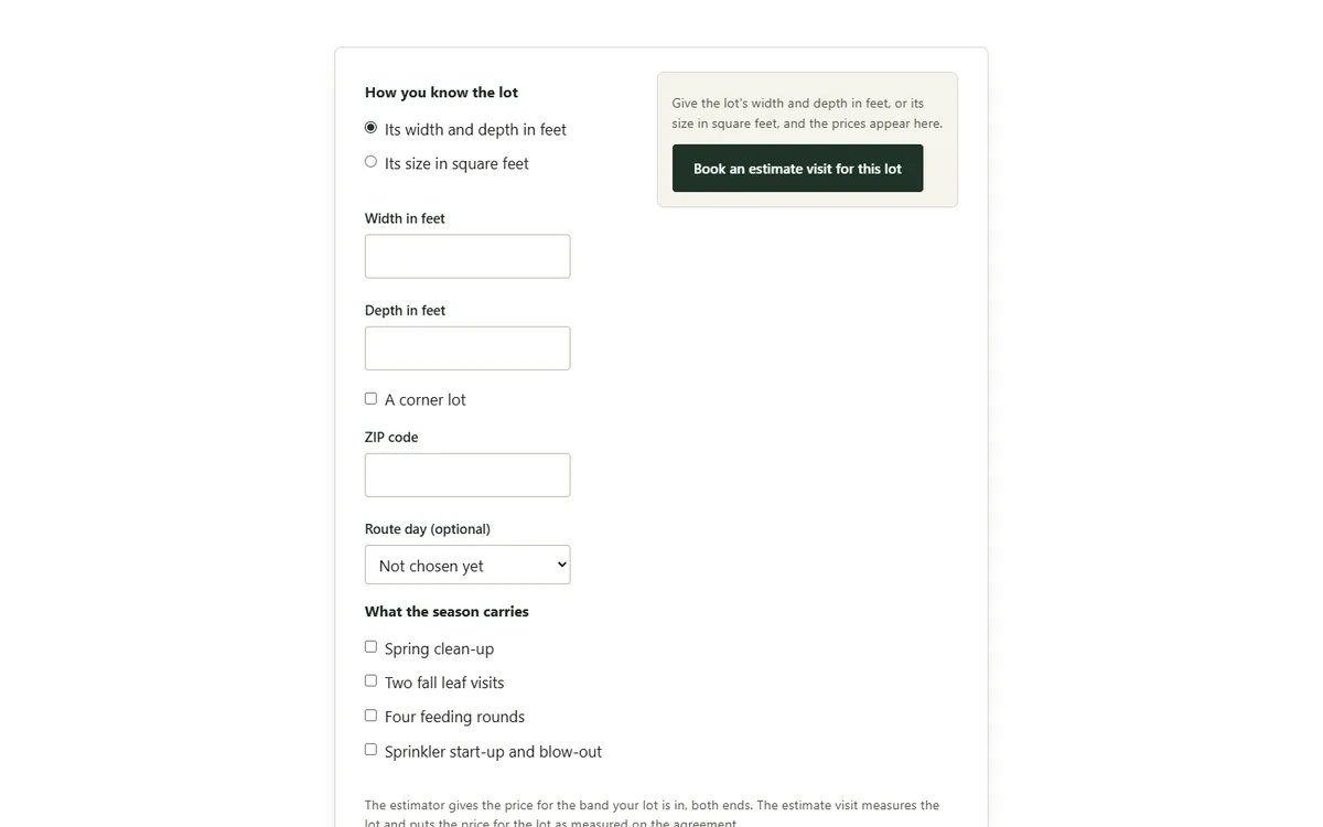 The lot-size estimator: width and depth or square feet, a corner lot, the ZIP code and what the season carries of the landscaping and lawn care company demo website, Woodside Stilegate Landscaping, LLC