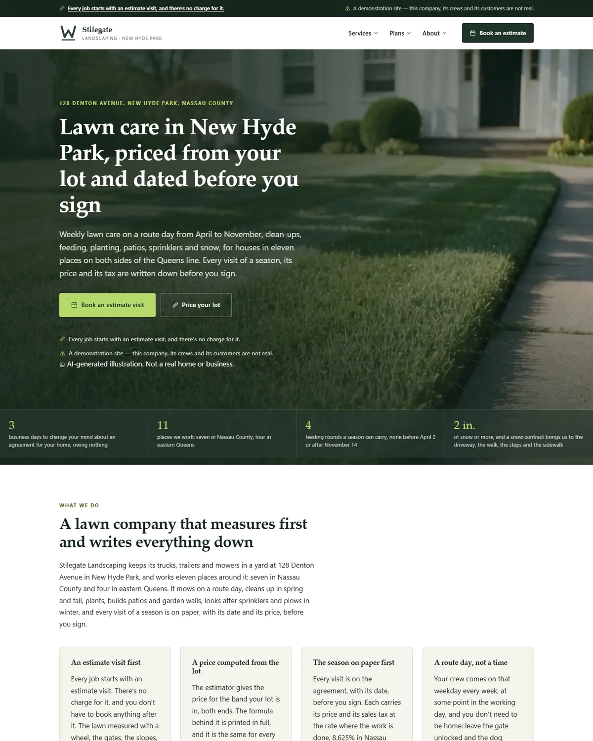 Home page of the landscaping and lawn care company demo website, Woodside Stilegate Landscaping, LLC
