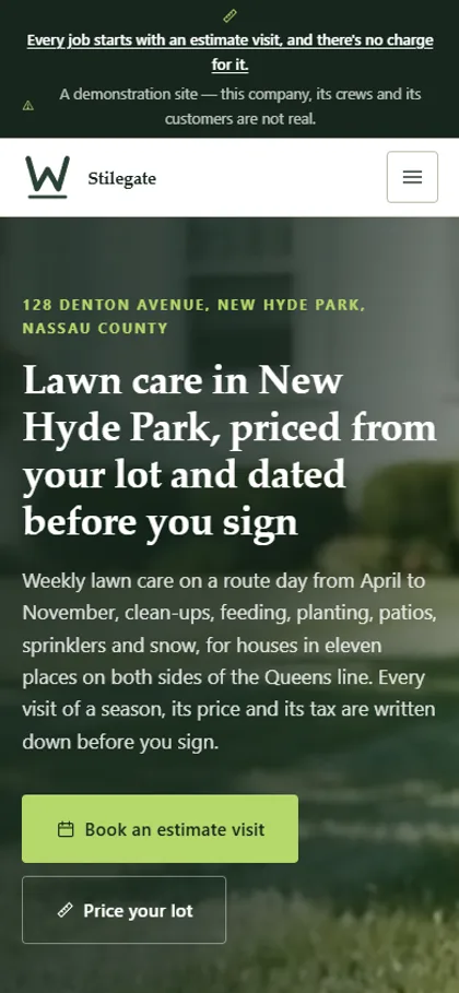 The landscaping and lawn care company demo website on a phone screen